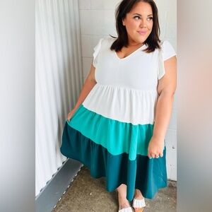 Seafoam & Emerald Tiered Frill Sleeve Midi Dress